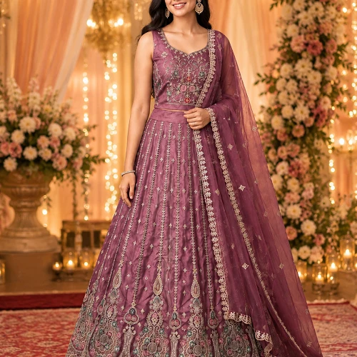 Designer Embroidered Wine Purple Lehenga Choli Set with Dupatta & Unstitched Blouse Piece