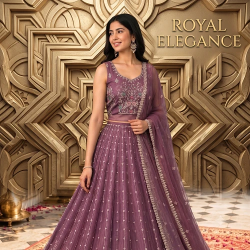 Women’s Designer Embroidered Wine Purple Lehenga Choli Set with Heavy Border, Matching Dupatta & Unstitched Blouse Piece for Wedding, Party and Festive Wear