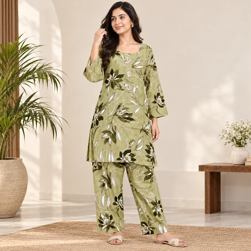 Olive Floral Kurta and Pants Set