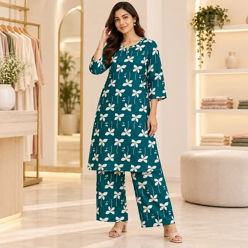 Premium teal floral kurti set